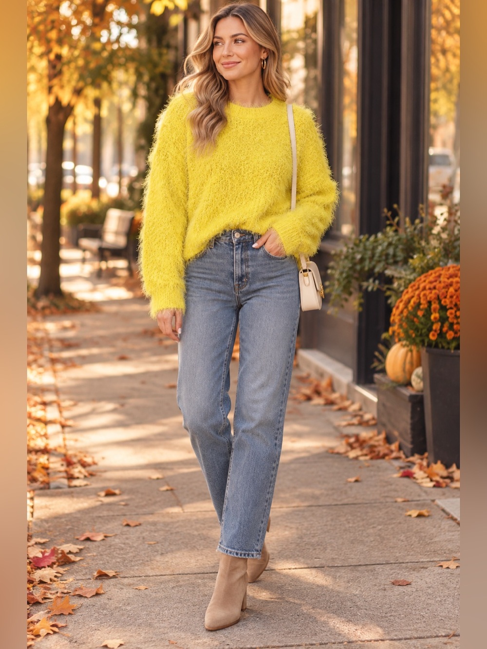 Heart Soul Eyelash Fuzzy Sweater Medium Yellow Polyester Long Sleeve
